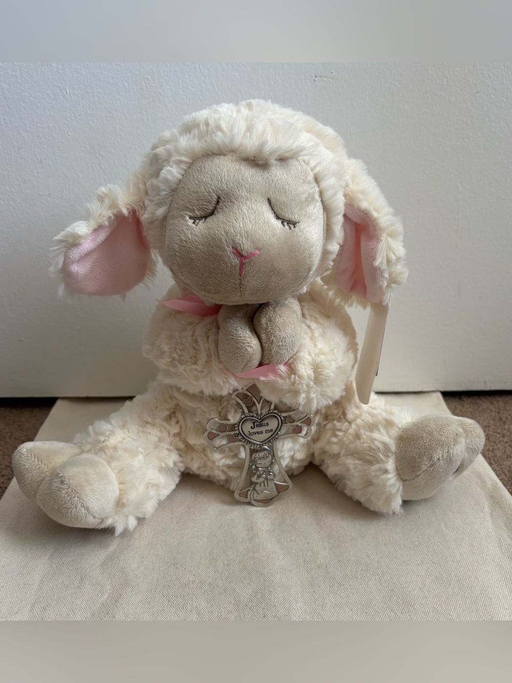 GANZ Jesus Loves Me Lamb Plush with Cross Stuffed Animal White Pink 2016